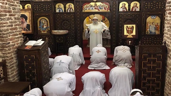 Bishop Bemen leads the memorial service of Pope Shenouda without the congregation