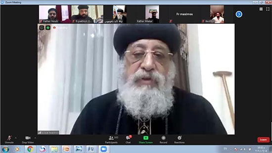 Pope Tawadros II participates in an online educational session in Behira