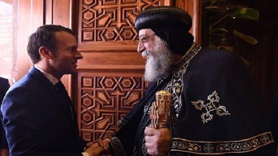 Egyptians strength comes from national unity, Pope Tawadros II tells Macron at Abbasiya Cathedral