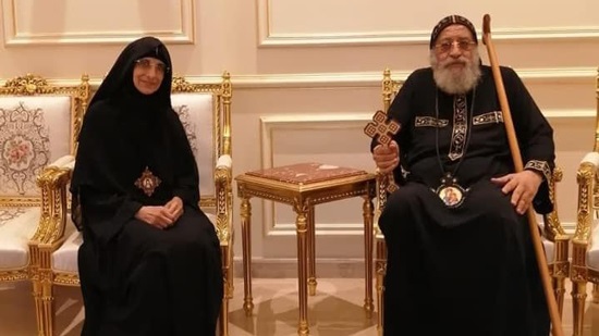 Pope Tawadros receives the Head the Virgin monastery in Zwaila