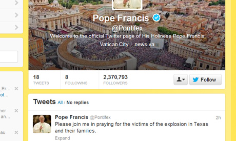 Pope urges on Twitter praying for victims of Texas blast